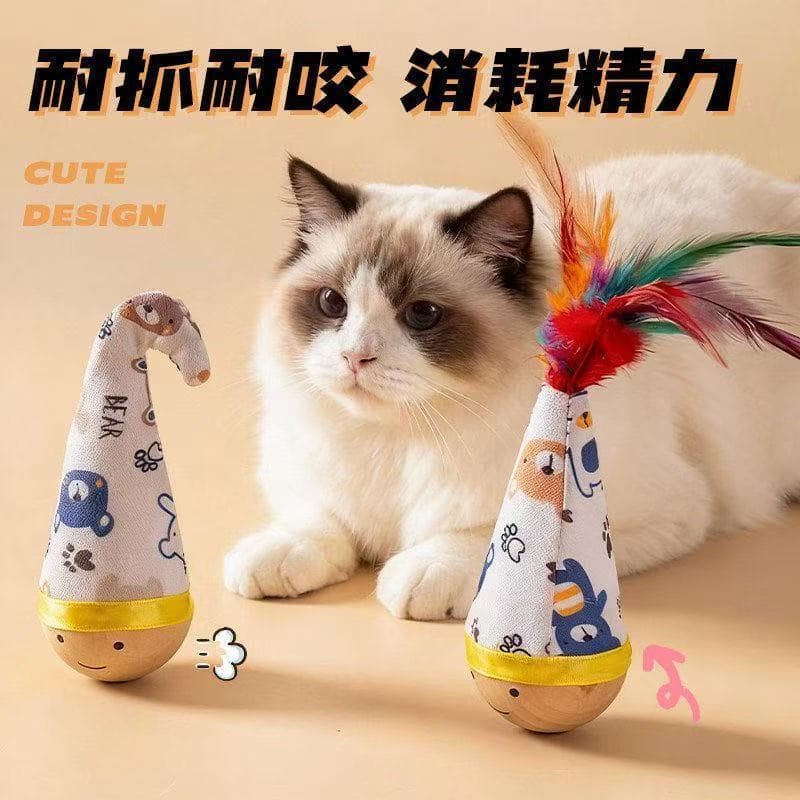 Cat Toy Wooden Roly-Poly Toy, Scratch-Resistant and Bite-Resistant, Self-Entertaining, Boredom-Relieving, Feather Cat Teaser Stick, Energy-Consuming, in Stock